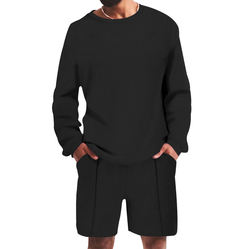 Waffle T-shirt Summer Men's Casual Sports Long Sleeve Shorts Two Piece Set for Men_voghion.com