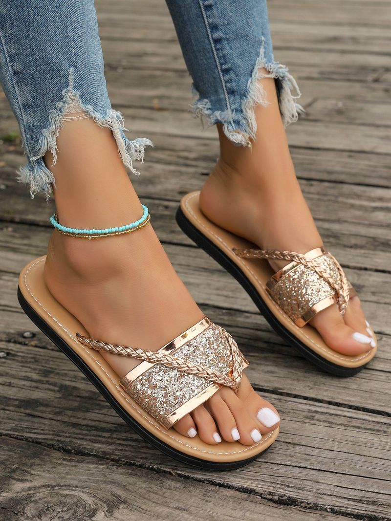 Sapatos Sapatos Únicos Chinelos Rasos Chinelos Casuais de Tecido com Lantejoulas da Moda_voghion.com