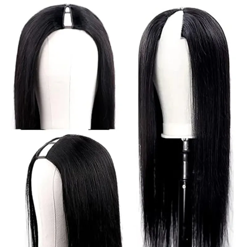 Peluca de cabello humano liso con parte en V, hecha a máquina, cabello peruano Remy 100 % de calidad, con clip, color negro natural_voghion.com