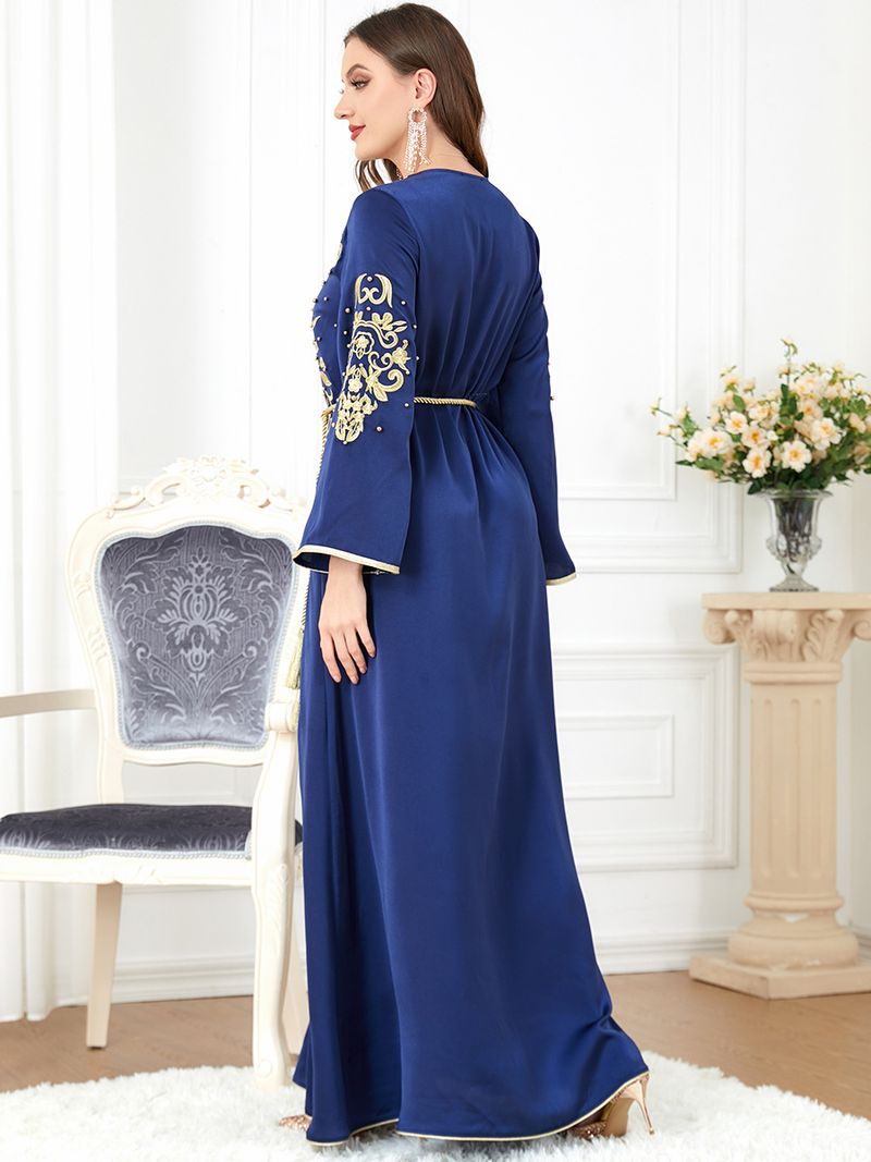 Elegantes besticktes Maxikleid mit langen Ärmeln für Damen – islamische und arabische Mode, Boho-Tribal-Stil, perfekt für dezente Kleidung (Marineblau)_voghion.com