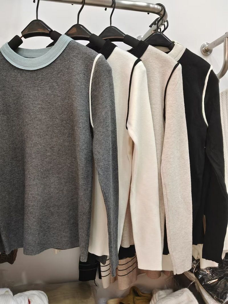 girl High-End Color-Block Round Neck Knitted Base Shirt Women, Slim Fit Pullover Soft Sweater For Spring And Autumn, Long_voghion.com