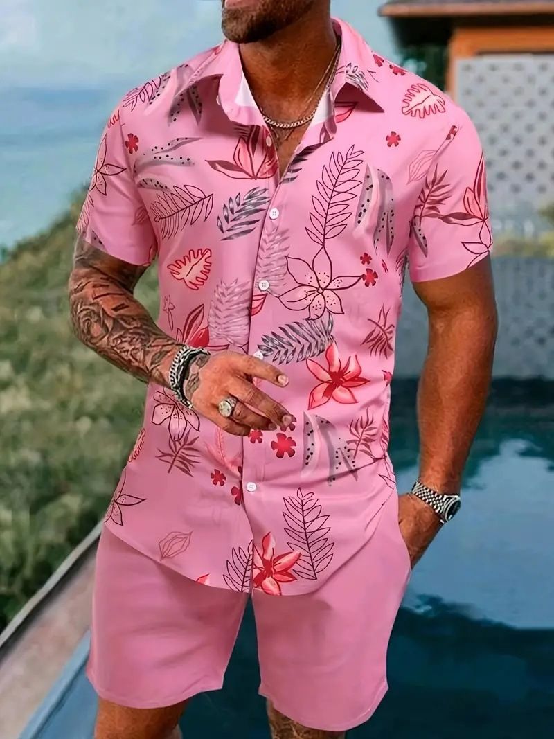 Set di camicie da uomo con stampa 3D di piante tropicali estive, moda, camicia a maniche corte, pantaloncini da spiaggia casual oversize, abiti da strada_voghion.com