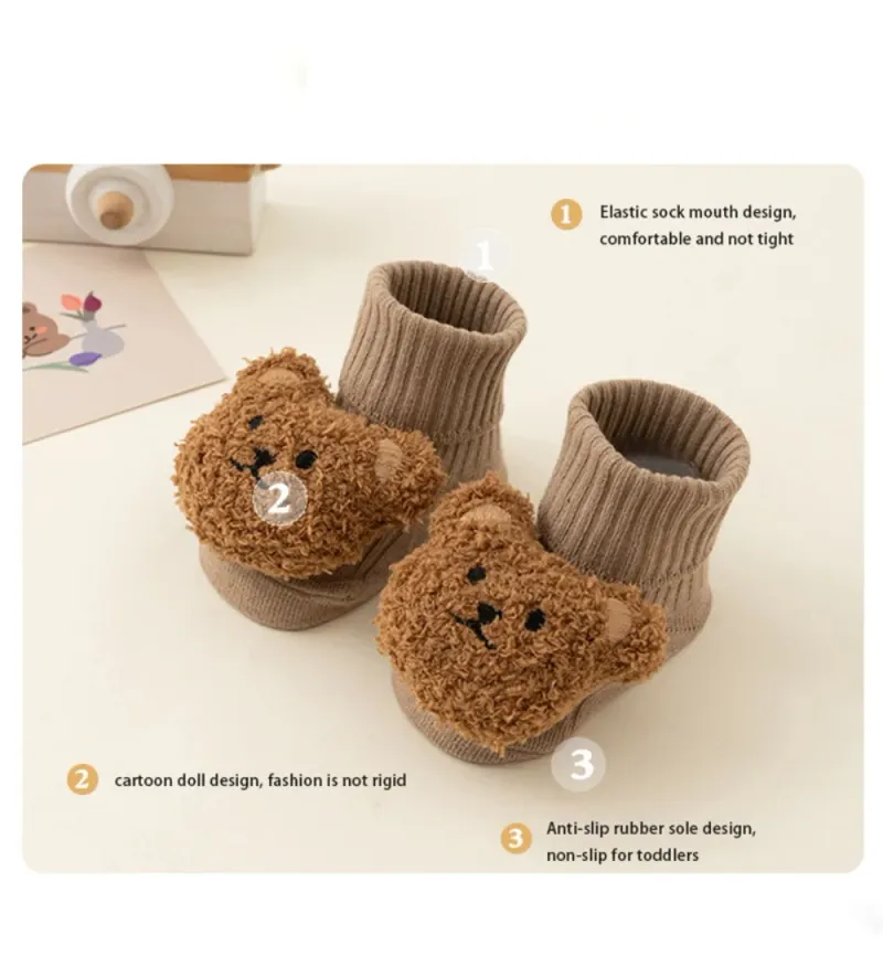 Meias de bebê fofas de urso de desenho animado para meninos e meninas, meias de inverno de algodão macio com sola antiderrapante para recém-nascidos, meias grossas e quentes para crianças_voghion.com
