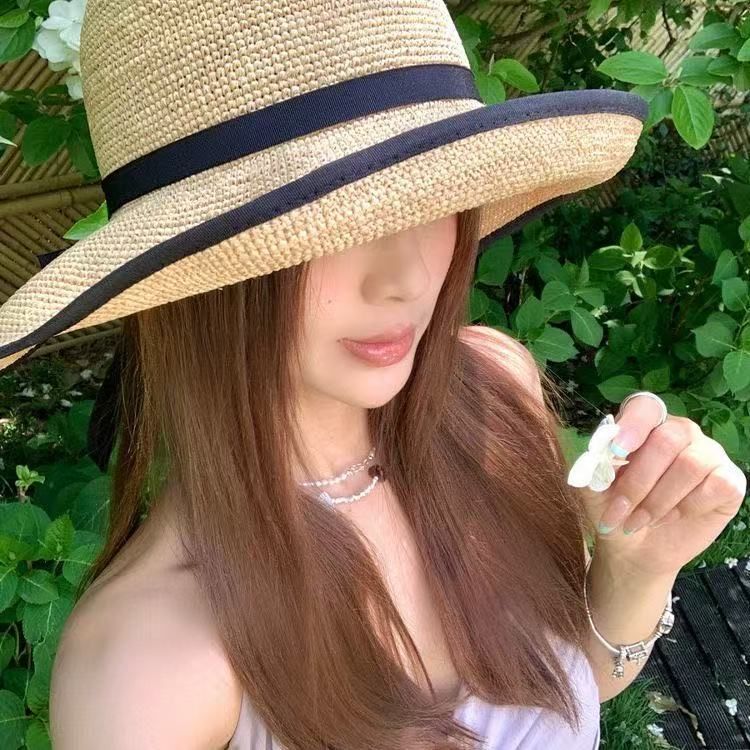 Sombrero de pescador de ala ancha para mujer, con protección solar, tejido de hoja de palma, para vacaciones de verano en la playa y al aire libre_voghion.com