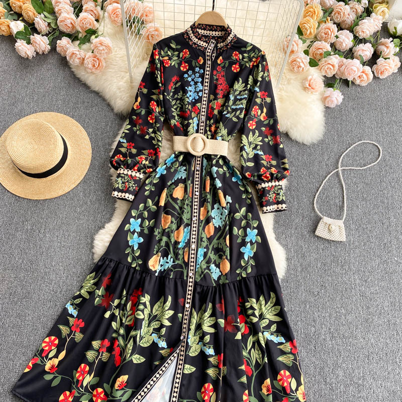 Abito da donna in stile palazzo retrò con cravatta in vita, girocollo, maniche lunghe, volant, gonna a trapezio in stile fata western_voghion.com