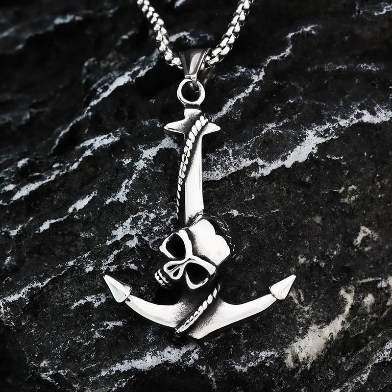 Ciondolo da uomo in acciaio inossidabile retrò europeo e americano con ancora a forma di teschio gotico monofacciale_voghion.com