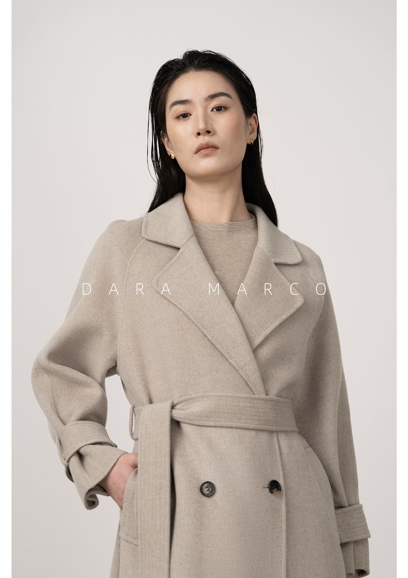 Trench double-face di lusso in misto cashmere e seta per donna – Elegante design con spalle scese, cappotto lungo aderente con drappeggio lusinghiero_voghion.com