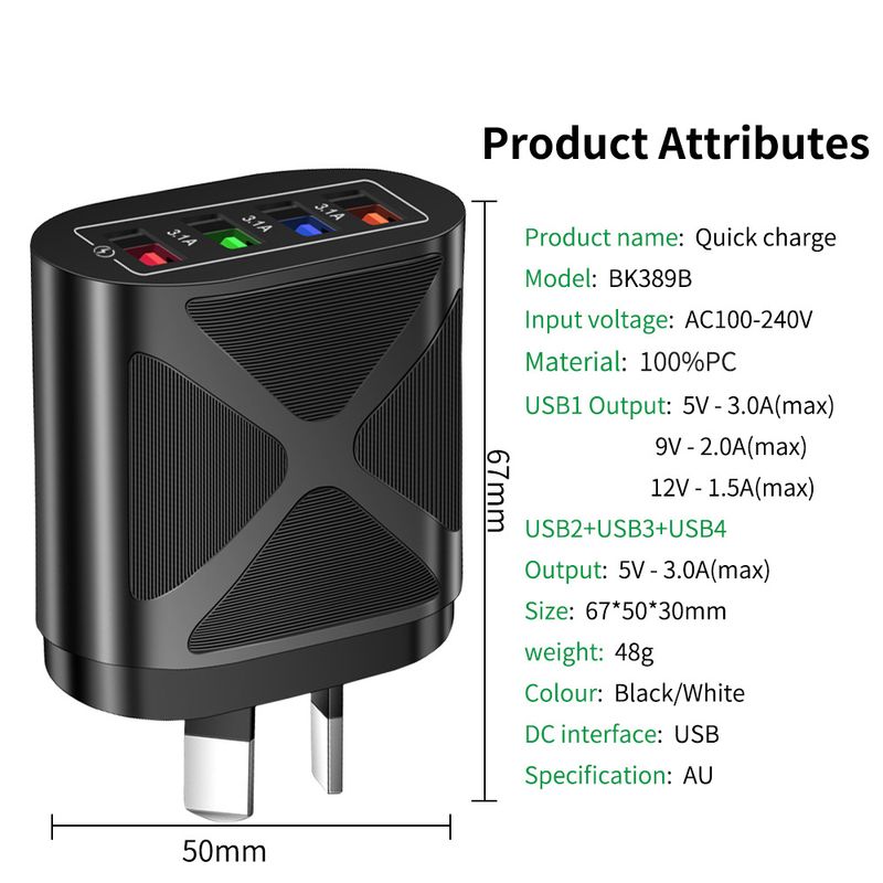 Încărcător de telefon mobil pentru festivaluri de muzică 4USB3.1A, cap de încărcare multi-port, standard britanic, australian, coreean, indian_voghion.com