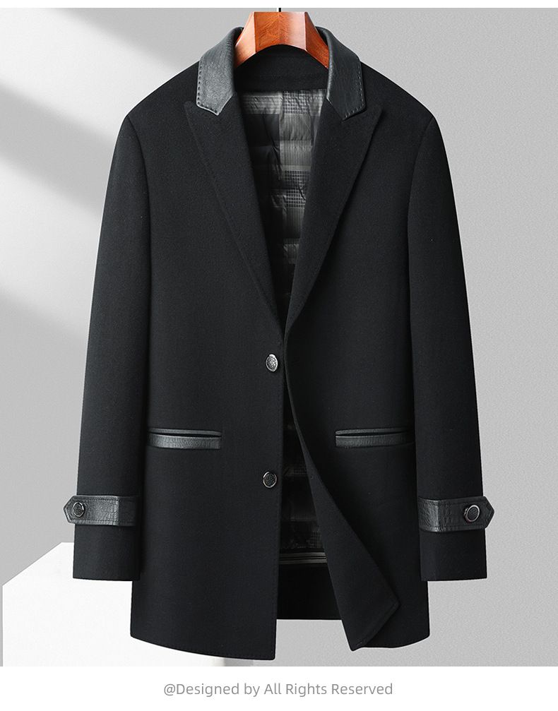 Men's Wool Blend Overcoat With Down Lining, Slim Fit, Double-Breasted, Mid-Length Winter Coat For Dad, Black & Grey_voghion.com