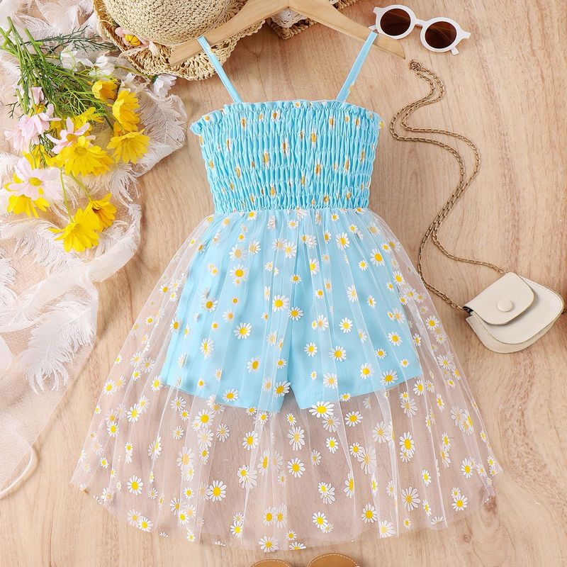 Summer medium-sized childre's fresh suspeder wrap jumpsuit with mesh prit small daisy skirt hem for girls ad_voghion.com