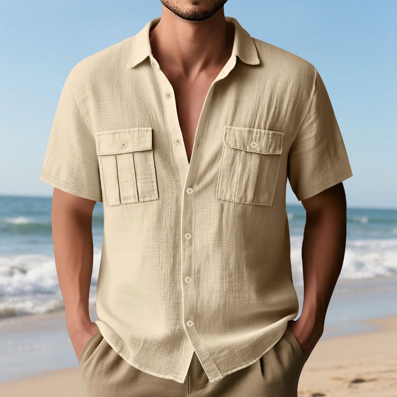 Herren Sommerhemd, amerikanisch, locker, Strand, atmungsaktiv, lässig, Leinen, mehrere Taschen, geknöpft, Arbeitskleidung, kurzärmelig_voghion.com