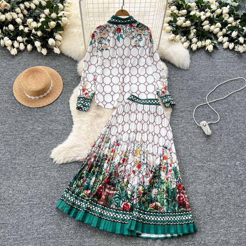 Abito da donna alla moda, stampa a colori a contrasto retrò, camicia a maniche lunghe + gonna a pieghe a vita alta_voghion.com