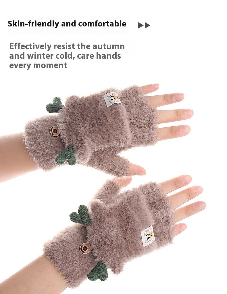 Jacquard Knitted Half Finger Flip Gloves For Women's Winter Warm Plush Student Writing Gloves_voghion.com