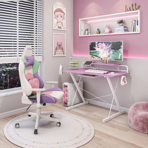 Techni Sport TS-200 Carbon Computer Gaming Desk With Shelving, Pink_voghion.com