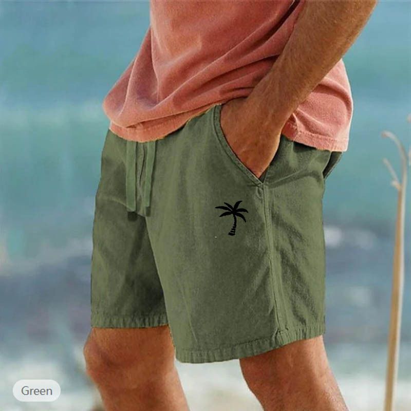 Pantaloncini in cotone e lino con stampa cocco, coulisse, elastico in vita, tinta unita, traspiranti, pantaloni casual da spiaggia a cinque punti_voghion.com