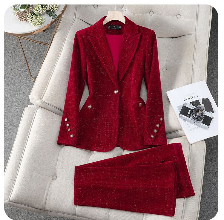 Ensemble tailleur en laine premium pour femme – Blazer et pantalon élégants pour le bureau et les occasions formelles (Kaki/Noir/Rouge, S-4XL)_voghion.com