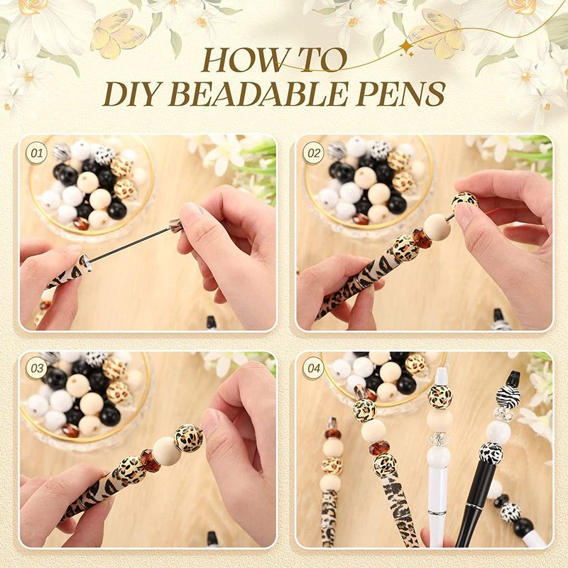 12 seturi de mărgele din plastic, pixuri cu mărgele leopard, vacă, zebră, set de mărgele din lemn, mărgele DIY din lemn, pix decorativ, culoare, mărgele cu gaură mare, silicon_voghion.com