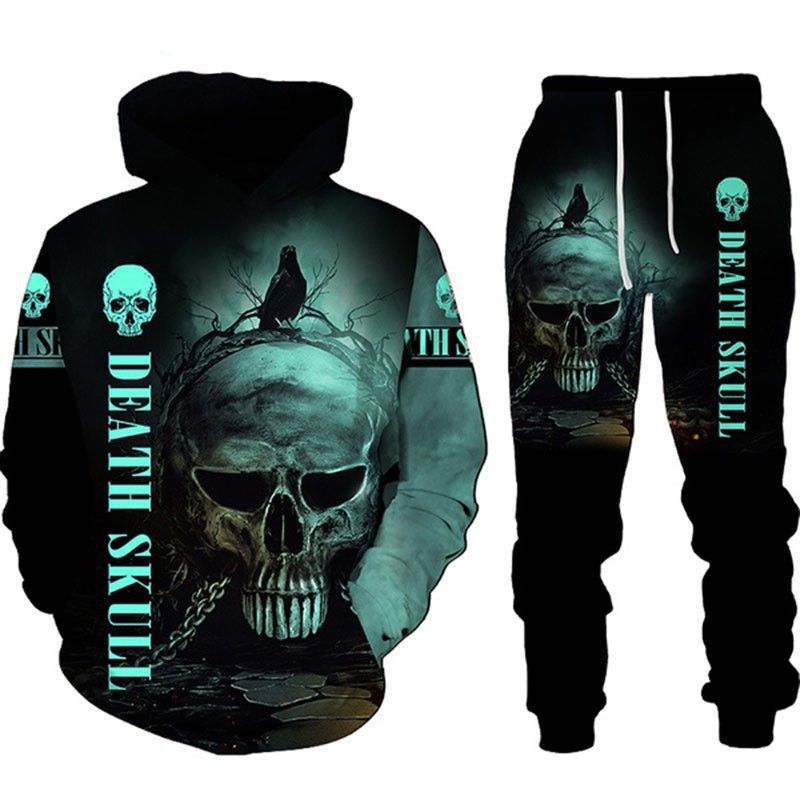 Nuovo set casual da uomo con felpa con cappuccio e pantaloni con stampa 3D digitale del teschio, felpa con cappuccio e pantaloni, set due pezzi per Halloween_voghion.com