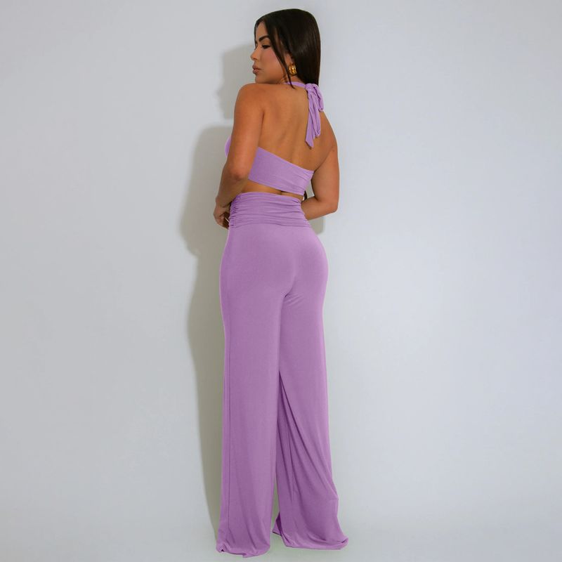 Ensemble deux pièces sexy à col licou et boucle décorative pour femme, vêtements d'été tendance, couleur unie_voghion.com