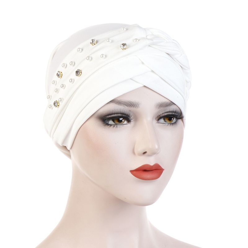 New Spring and Autumn Style Muslim Baotou Hat Monochrome Single Strip Single Side Beads Drill Whip Turban Hat_voghion.com