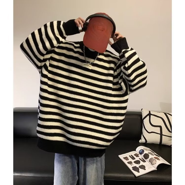 Nuovo maglione retrò a righe per uomo in autunno e inverno, stile ampio e pigro, giacca in maglia di base versatile e semplice_voghion.com