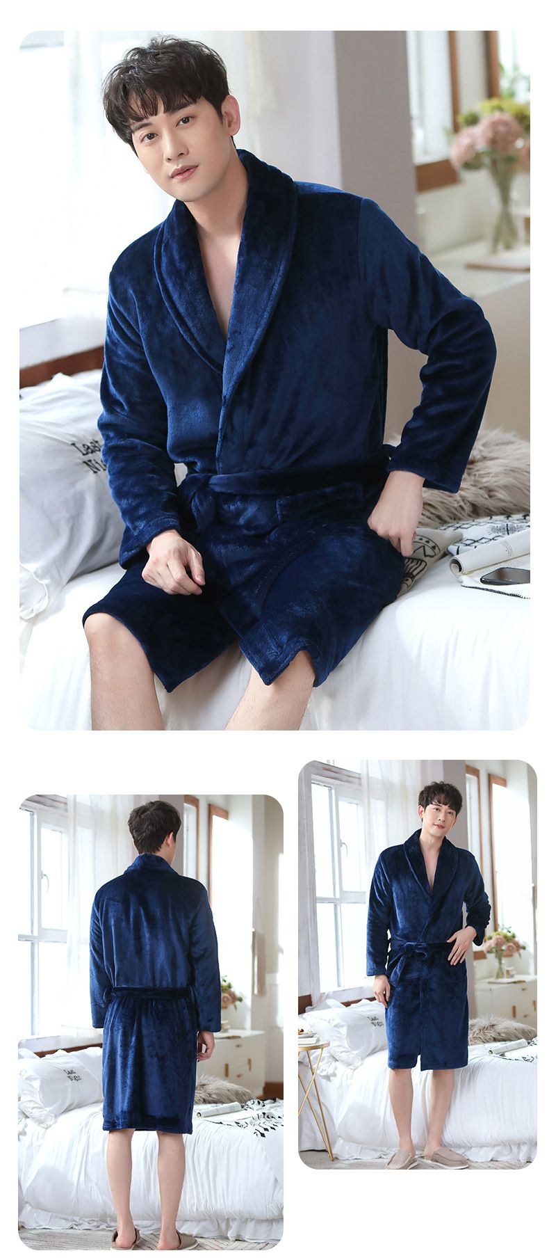 Nachtwäsche Korallensamt-Bademantel, Fleece, verdickter Flanell, Nachtwäsche, lang, Herbst/Winter, gemütlicher Thermo-Pyjama, sowohl für Männer als auch für Frauen_voghion.com