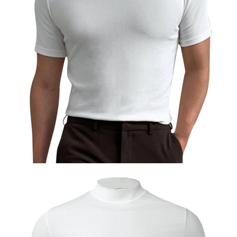 2024 Herbst Winter Stehkragen Kurzarm T-Shirt Herren Basishemd Einfarbiges Oberteil_voghion.com