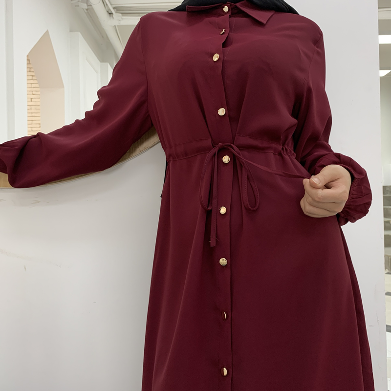 Roupas femininas nova moda muçulmana lapela cor sólida botão completo vestido fino saia longa_voghion.com