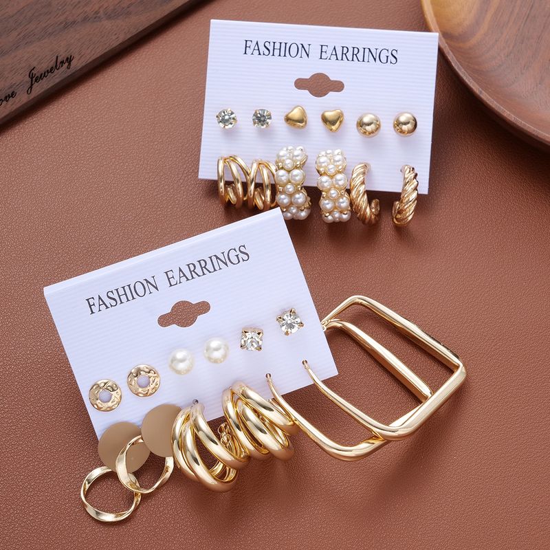 Earring Sets New Square Three Tube Imitation Pearl Earring Set, 12 Piece Set, Creative Retro Geometric Ear Hoops_voghion.com
