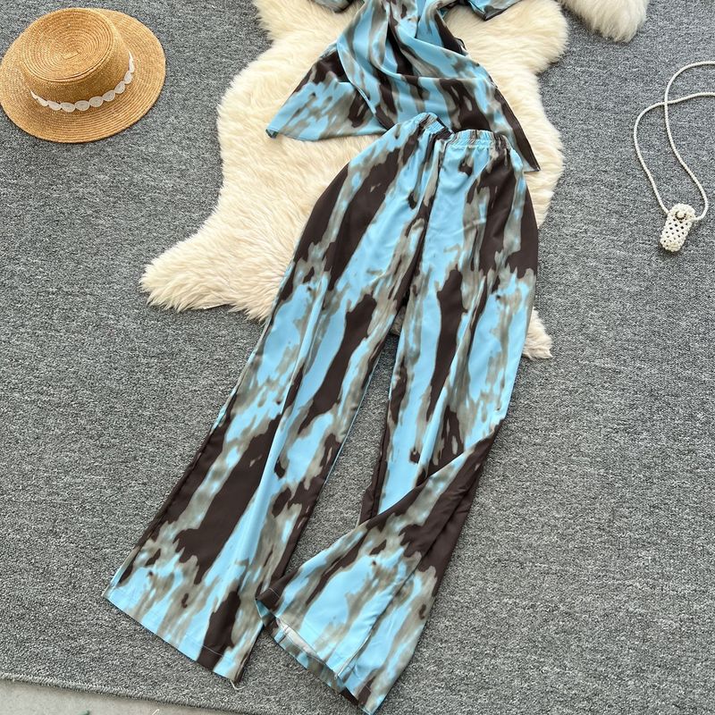 Women's Clothing Two Piece Suit Cross Waist Round Neck Short Sleeves Printed Top High Waist Casual Wide Leg Pants_voghion.com