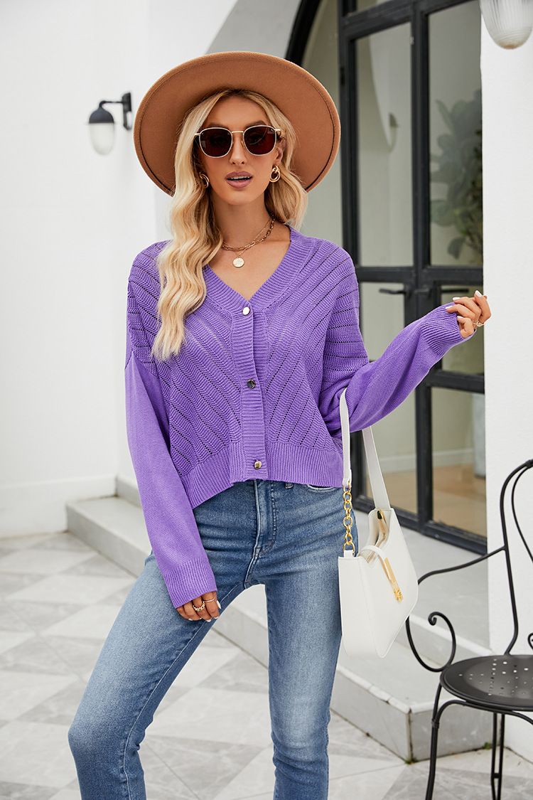 Hohlstrick-Cardigan, temperamentvoller Pullover-Cardigan mit V-Ausschnitt, lockere, einfarbige, langärmlige Strick-Oberbekleidung_voghion.com