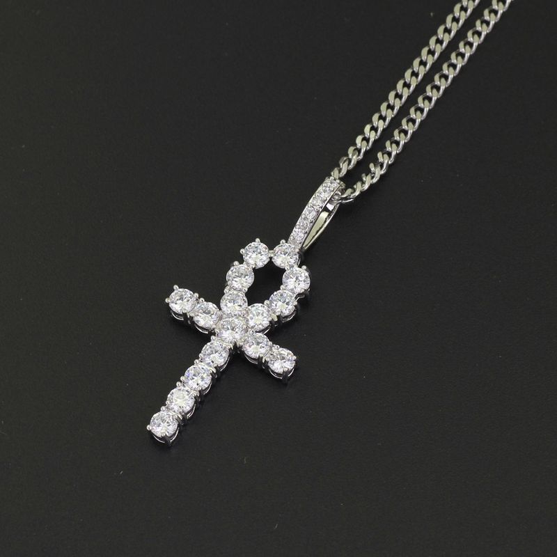 Collana da uomo con ciondolo a forma di croce egizia Ankh con micro pavé di zirconi e catena cubana da 4 mm in stile hip-hop_voghion.com