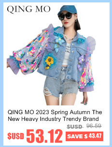 QING MO Damer Heavy Industry Paljetter Kappa Lös Mellanlängd Färg Diamanter Bead Splicing Mesh Denim Coat 2023 Höst_voghion.com