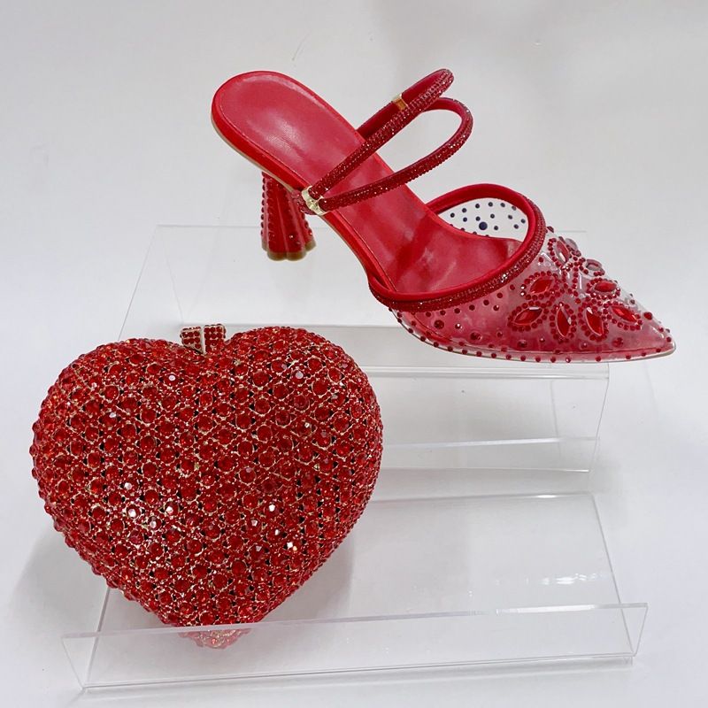 Women's High Heeled Sandals With Stilettos And Pointed Toes, Crystal Glass Flower High Heeled Sandals, Red Bridal Party Bag_voghion.com