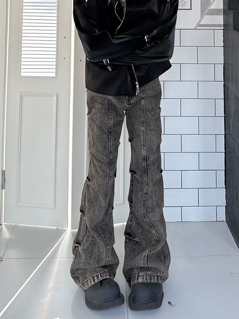 Men's Clothing Retro Old Wasteland Style Vintage Washed Distressed High Street Jeans For Men - Retro Wide Leg Trousers With Wrinkled Texture_voghion.com