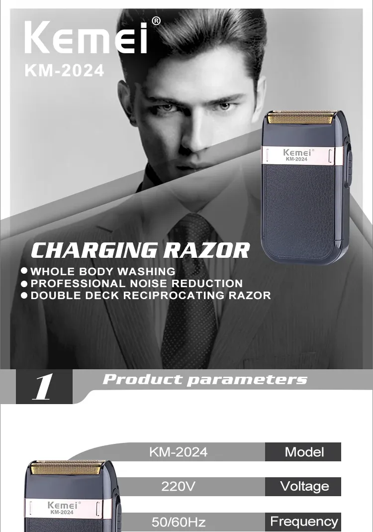 Professional Waterproo Electric Cordless Safety Razor Rechargeable Beard Trimmer Shaver For Men KM-2024_voghion.com