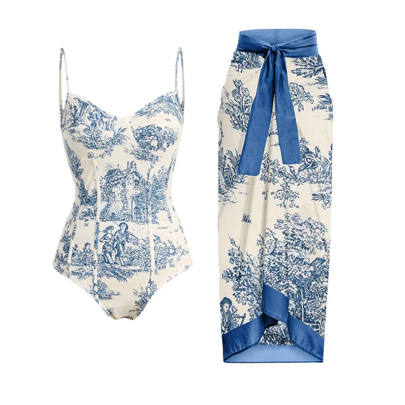 2023 new one-piece swimsuit women's conservative and slim print with steel support hard wrap swimsuit chiffon skirt_voghion.com
