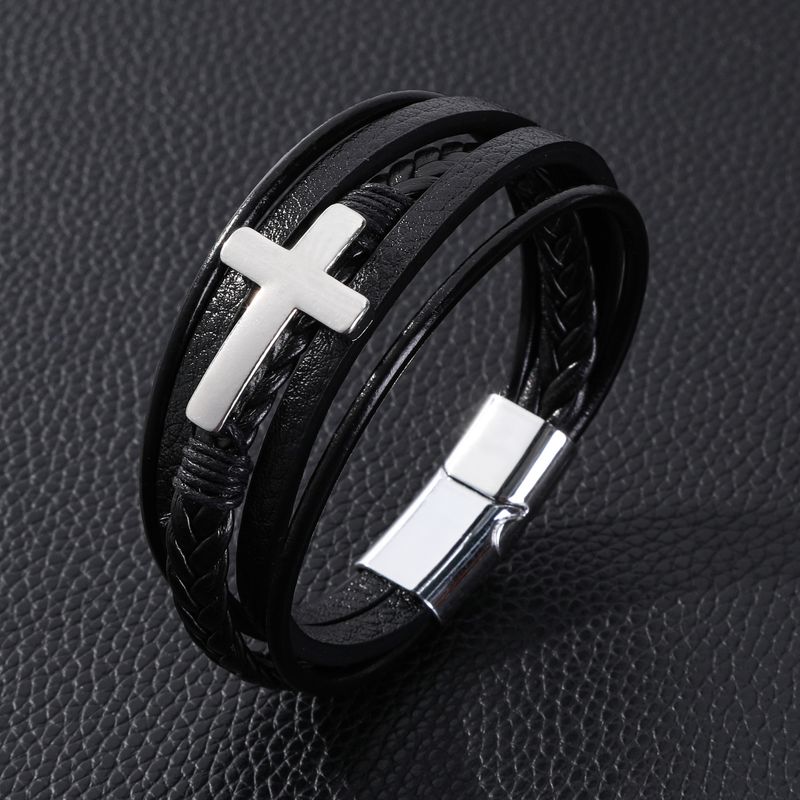 Leren Street Fashion Armband Legering Laser Meerlaags Geweven Kruisvormige Bangle_voghion.com