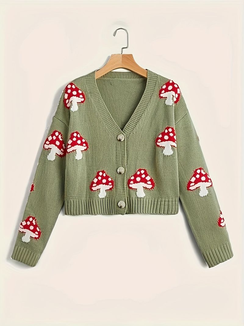 Mushroom Print Button Cardigan – Cute & Cozy Oversized Knit Sweater (XS-XXL, Green/Black)_voghion.com