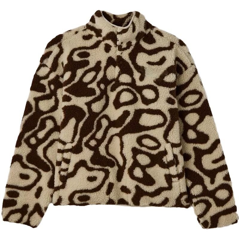 Suitable For All Seasons Men's Loose Fit Turn-down Collar Leopard Print Cardigan Jacket For Autumn Winter, Plush Coat And Overcoat_voghion.com