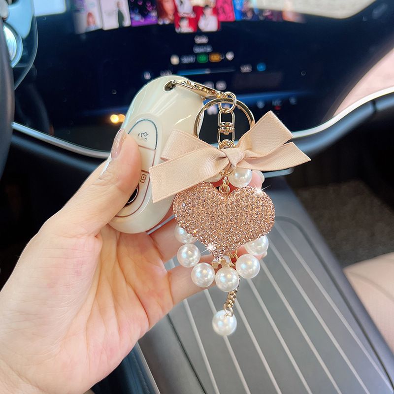New Bowknot Pearl String Full Diamond Heart Korean Style Car Keychain Creative Bag Pendant_voghion.com