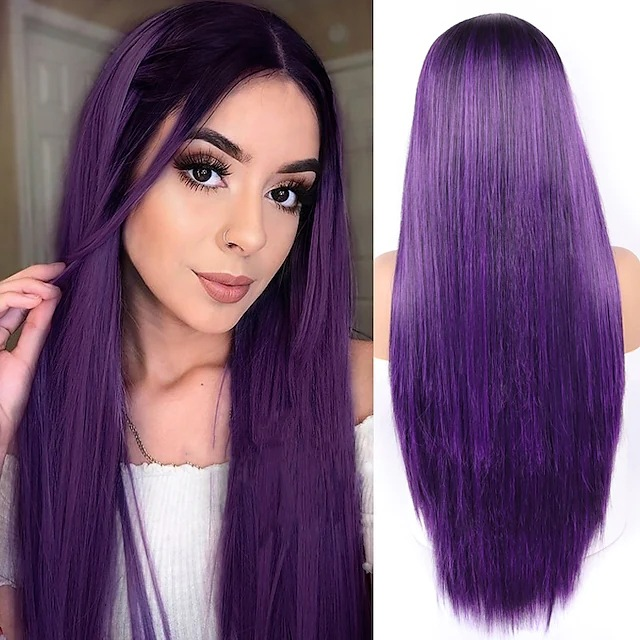Synthetic wig for Women's medium length straight hair highlight dyeing gradient multi-color wig fashionable long bangs machine made_voghion.com
