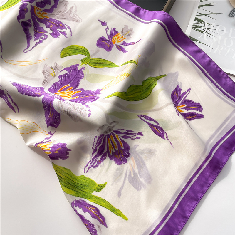 Frühlingsausflug kleiner Seidenschal 70 cm quadratischer Schal, vielseitiger Pflanzen- und Blumenschal, dekoratives Sonnenschutz-Stirnband,_voghion.com