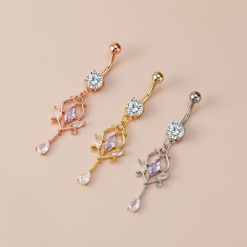 Piercing per ombelico in zircone - Piercing a forma di fiore a forma di goccia d'acqua per donna, piercing alla moda per ombelico (acciaio chirurgico, 14G/16G)_voghion.com