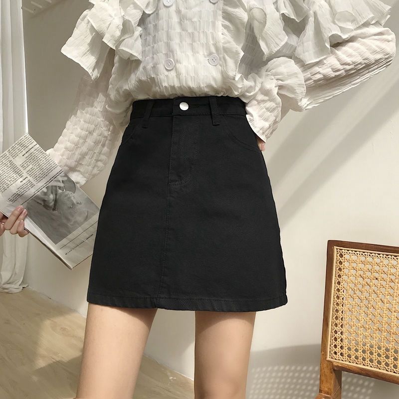 INS Black Half 2024 New Spring/Summer Korean Version Versatile High Waist A-line Wrapped Hip Denim Short Skirt for Women_voghion.com