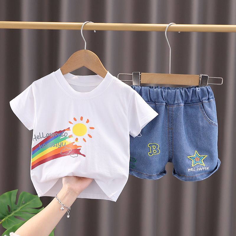 Ensemble deux pièces tendance pour enfants, manches courtes, motif arc-en-ciel, col rond, haut et short, pour garçons, été 2025_voghion.com