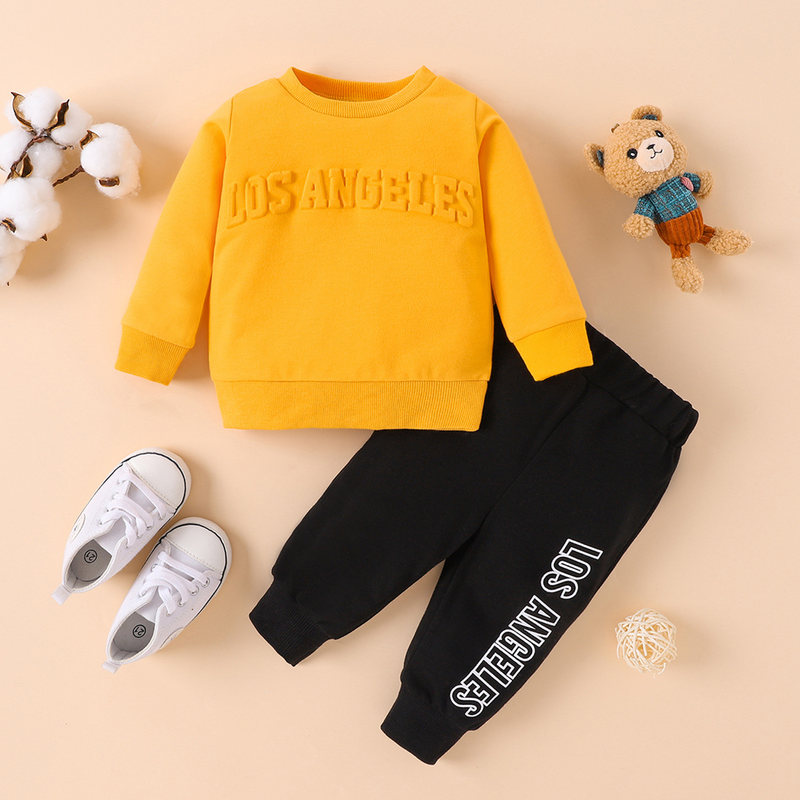 Mother&Kids Round neck long sleeve printed letter top and black trousers baby girls casual two-piece suit_voghion.com