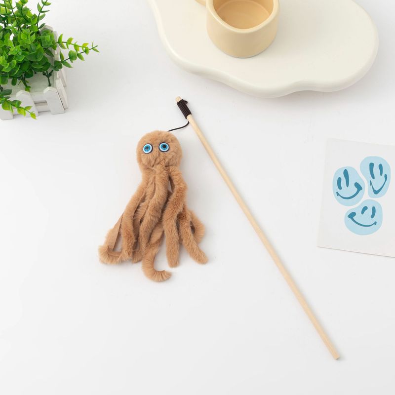 Stick Wooden Rod Realistic Octopus Plush Teaser Cat Toy_voghion.com