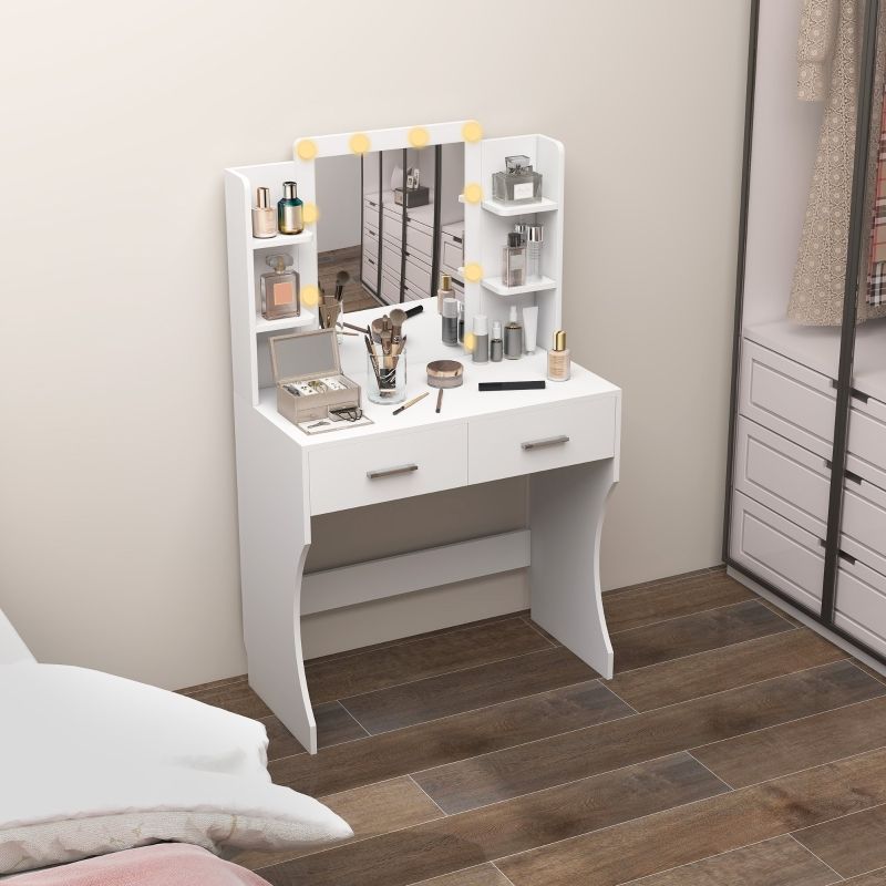 Lámpara LED Schminktisch Mit Spiegel Und Dimmbaren, Schubladen Und Regalen, Weiß_voghion.com