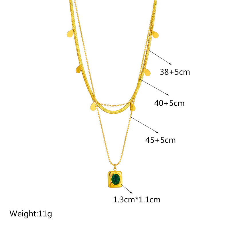 French retro emerald multi-layer titanium steel necklace fashionable popular geometric square teardrop clavicle chain_voghion.com